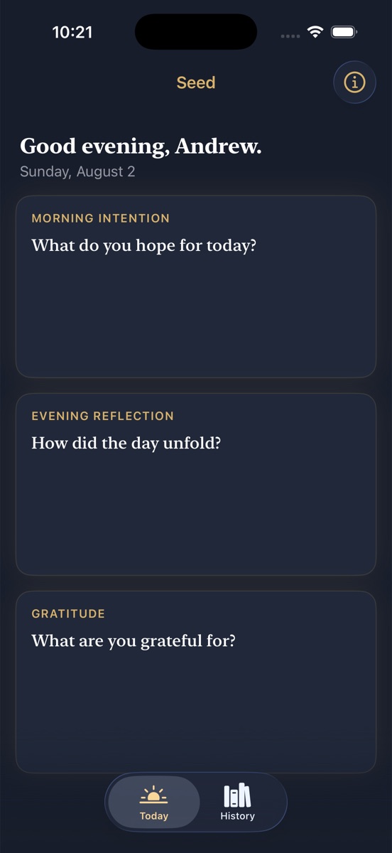 Seed's Today screen in dark mode: navy cards with warm gold headings showing the same three questions.